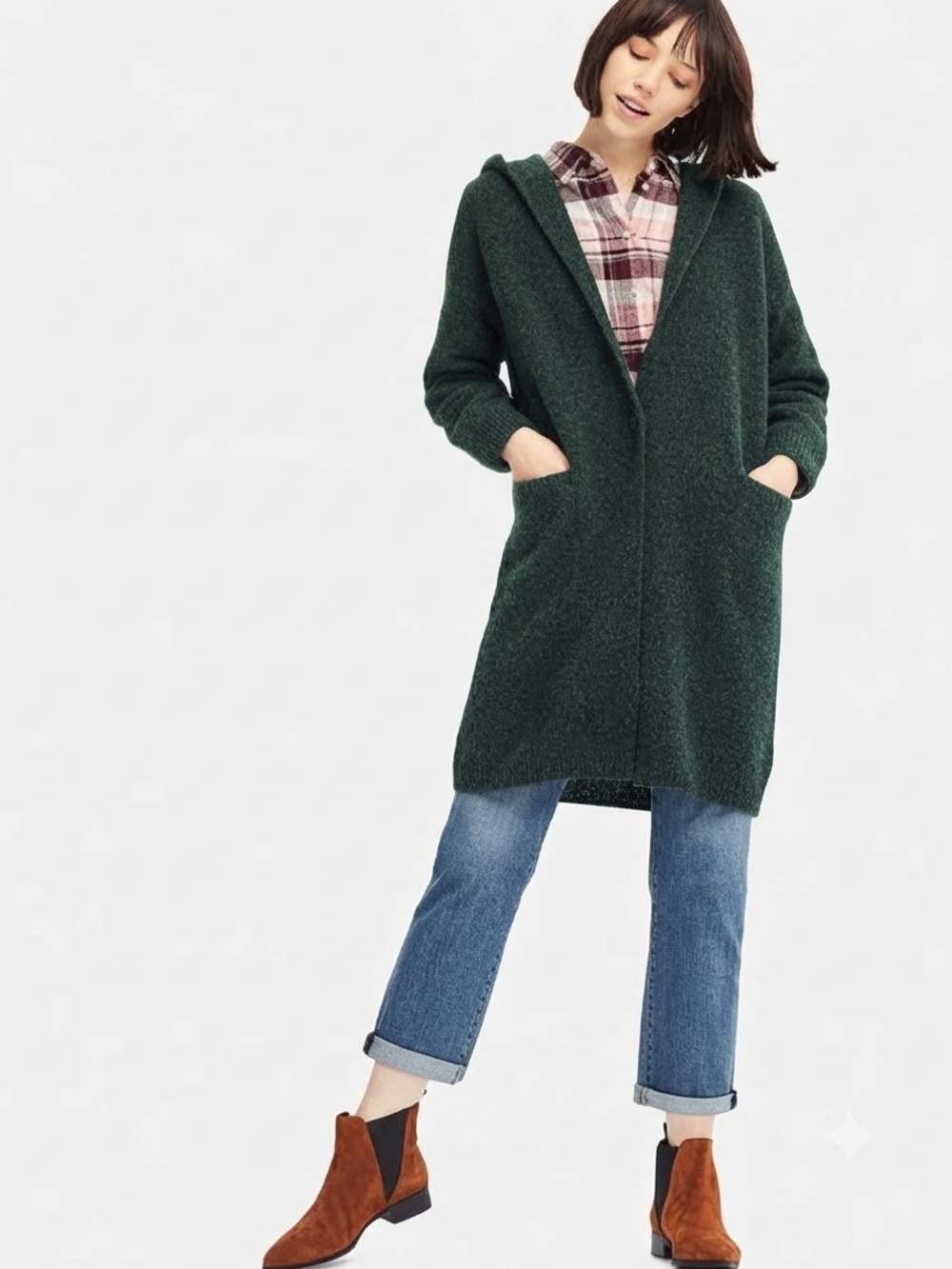 Uniqlo Wool Blend Hooded Long Cardigan Coat Forest Green Size S Shacket Cozy